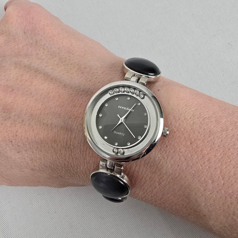 Nygard Quartz Bracelet Watch Silver Tone Black Cabochon Links Crystal Dial
